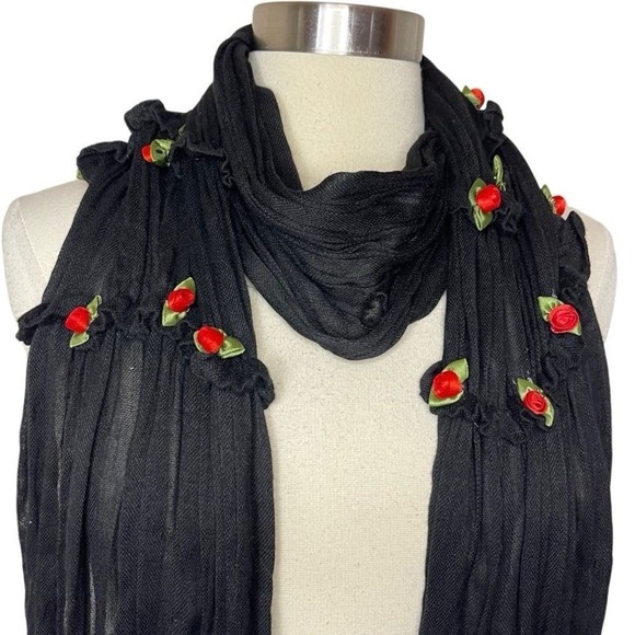 PASHMINA Black Embellished with Floral Appliqués & Beaded Fringe - Picture 2 of 7